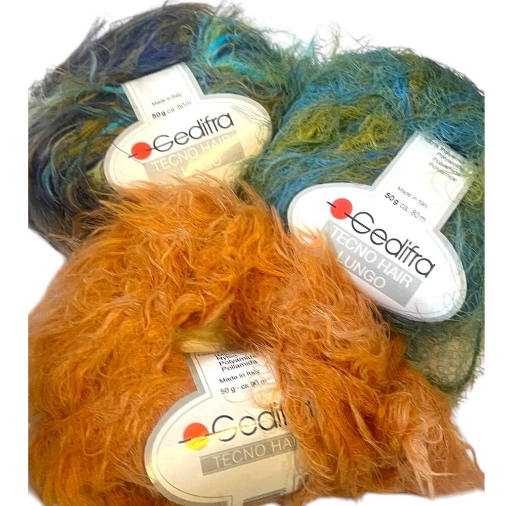 3 skeins Gedifra TECNO HAIR LUNGO Eyelash Yarn | Purple, Green, Orange